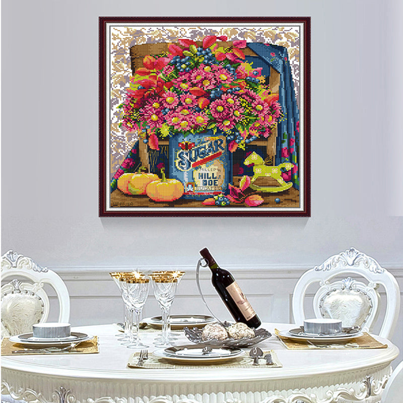 Joy Sunday Daisy Flower Basket Cross Stitch Kit DIY Floral Pattern 11CT 14CT Canvas Needlework Embroidery Set Bedroom Decoration