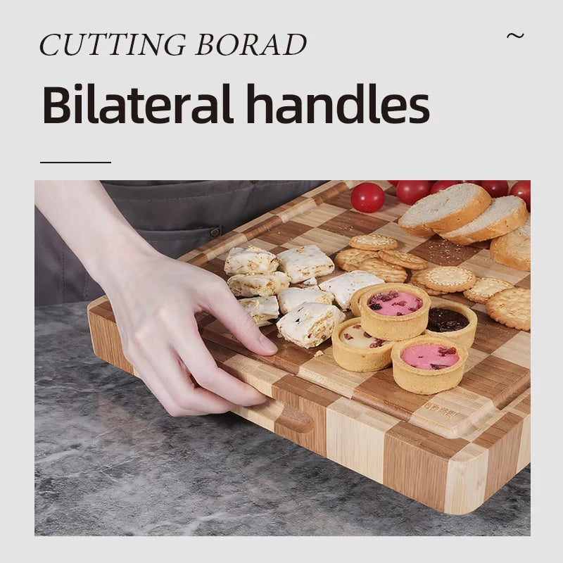 Bamboo Cutting Boards for Kitchen End Grain Wood Cutting Board with Juice Grooves & Handles Charcuterie Checkered Chopping Board