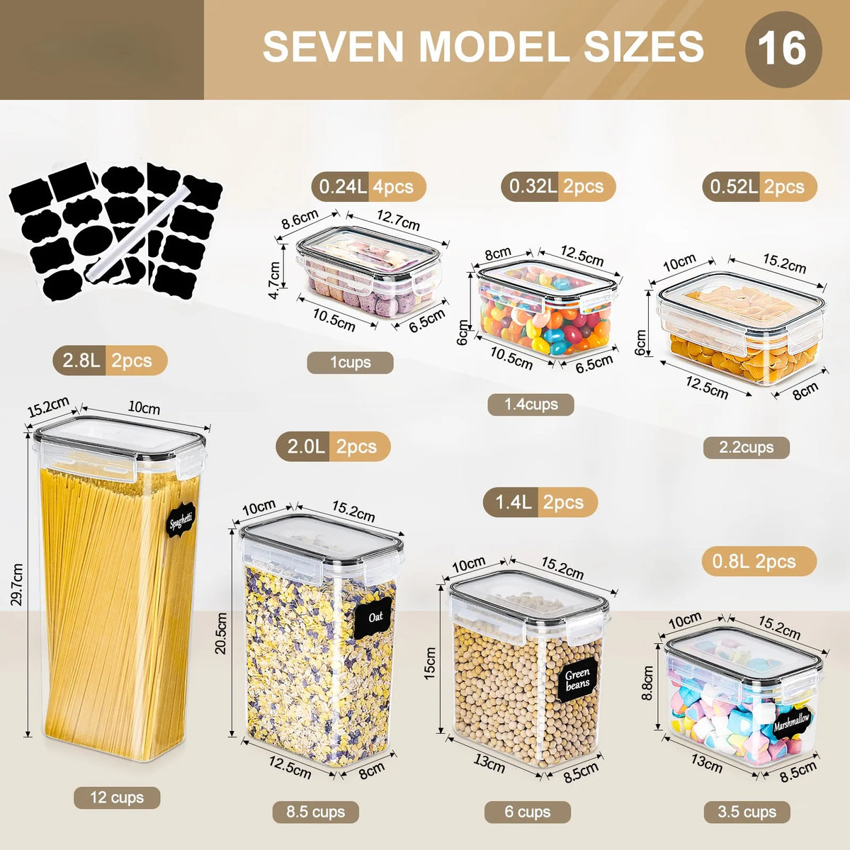 Airtight Food Storage Containers with Lids 16-Piece Set – BPA-Free Kitchen Storage Boxes for Flour, Sugar, Cereal, Spices & Past