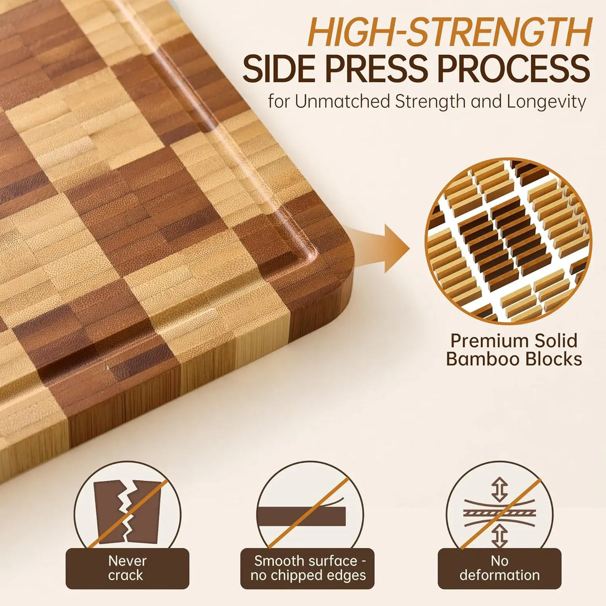 Bamboo Cutting Boards for Kitchen End Grain Wood Cutting Board with Juice Grooves & Handles Charcuterie Checkered Chopping Board