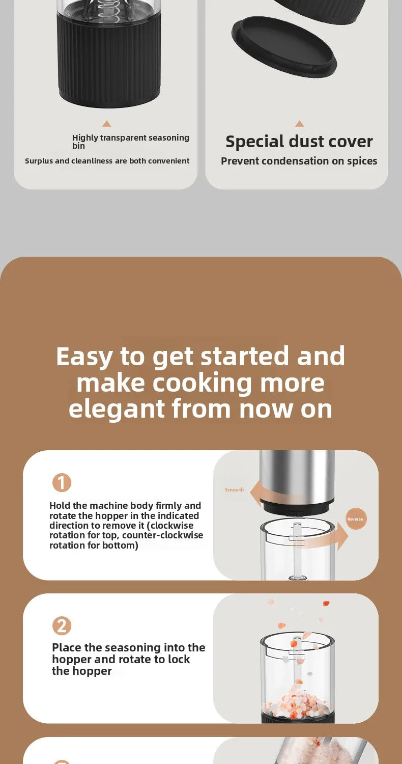 Electric Salt and Pepper Grinder Automatic Rechargeable Pepper Mill Shakers Adjustable Coarseness Kitchen Appliances