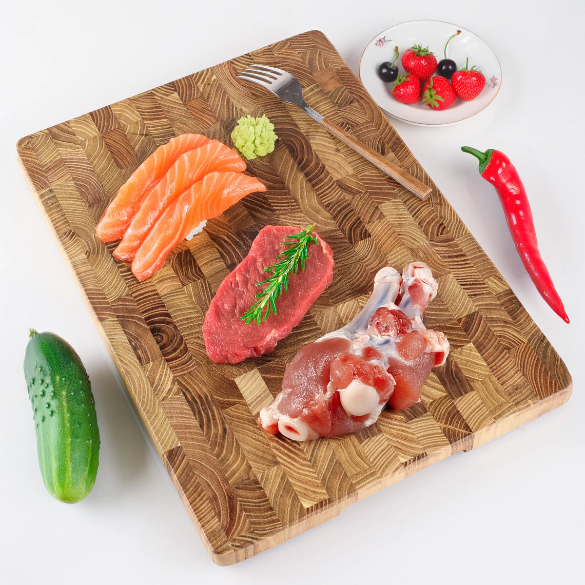 Teak Wood End Grain Cutting Boards for Kitchen, Large Wood Chopping Board with Hidden Handles, Wooden Charcuterie Board for Meat