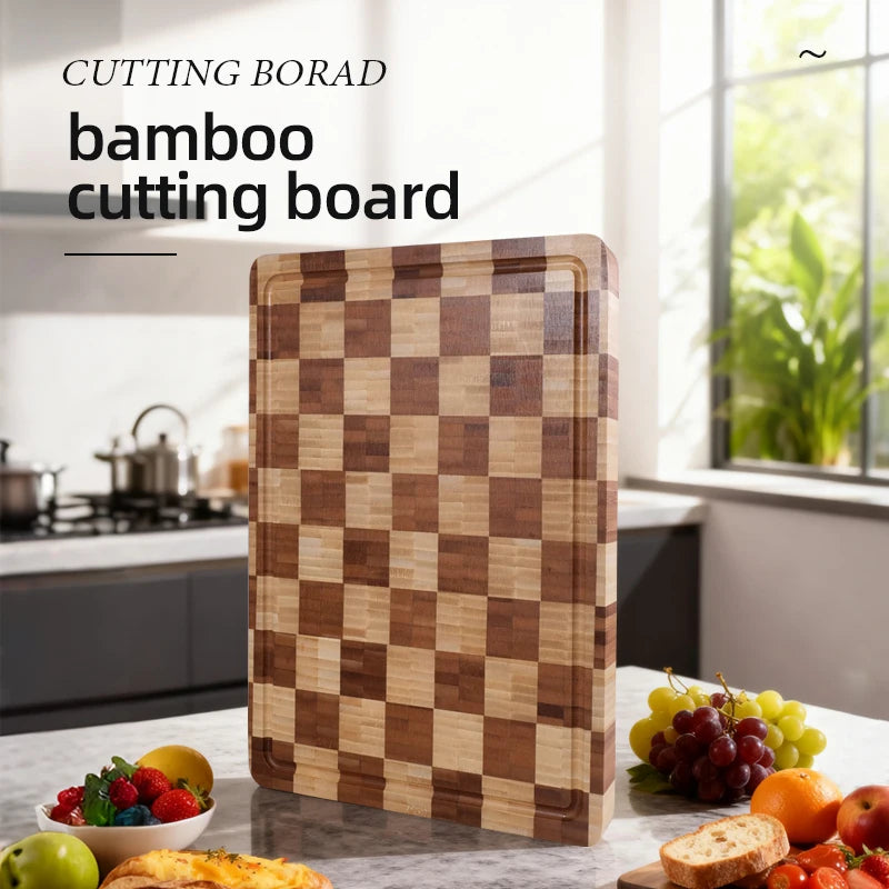 Bamboo Cutting Boards for Kitchen End Grain Wood Cutting Board with Juice Grooves & Handles Charcuterie Checkered Chopping Board