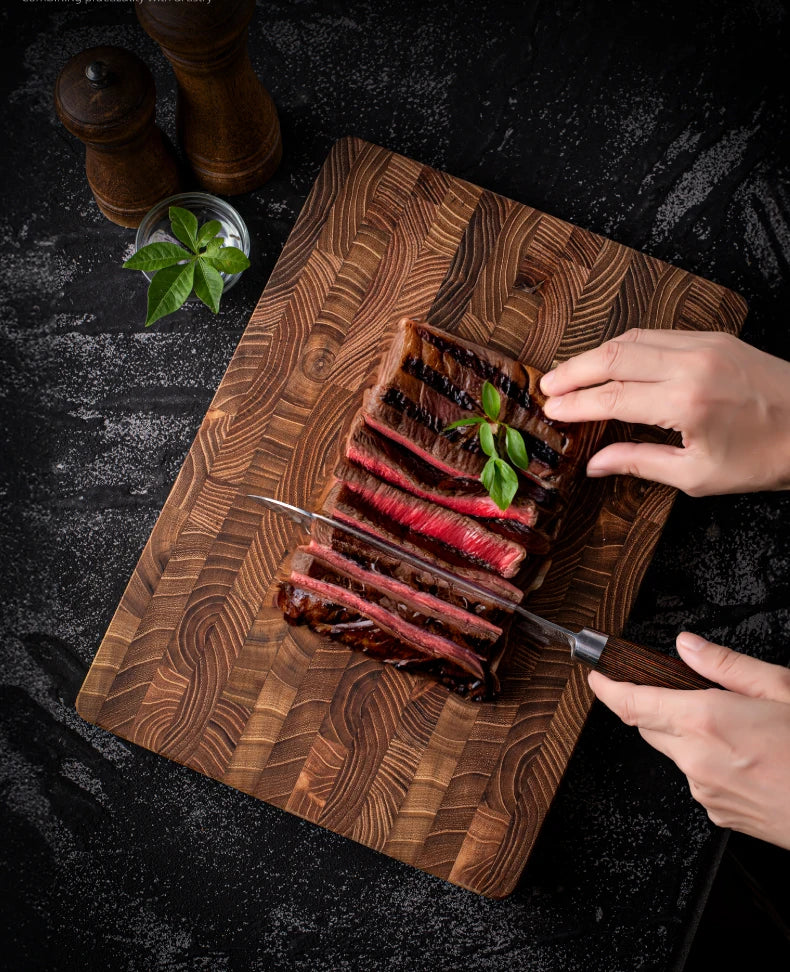 Teak Wood End Grain Cutting Boards for Kitchen, Large Wood Chopping Board with Hidden Handles, Wooden Charcuterie Board for Meat