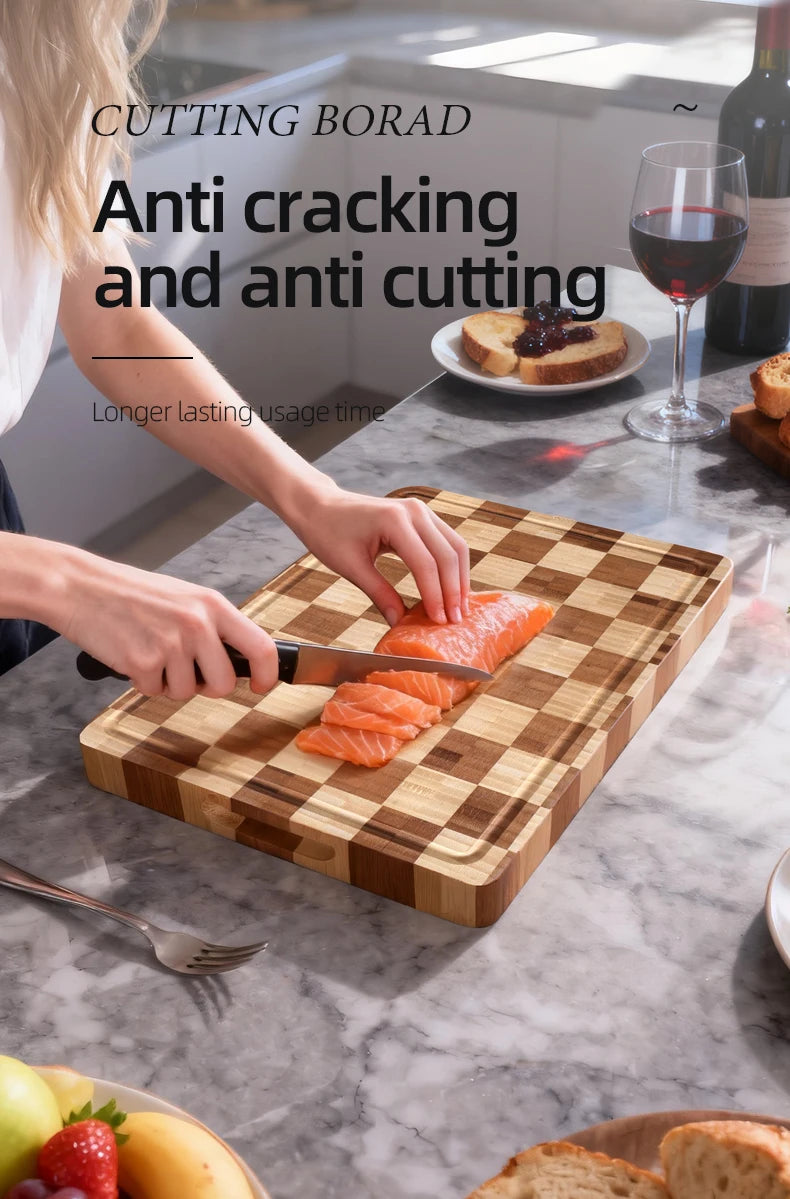 Bamboo Cutting Boards for Kitchen End Grain Wood Cutting Board with Juice Grooves & Handles Charcuterie Checkered Chopping Board