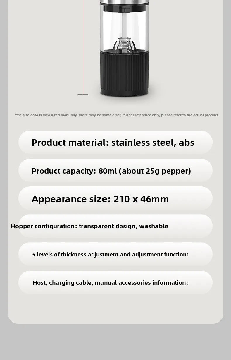 Electric Salt and Pepper Grinder Automatic Rechargeable Pepper Mill Shakers Adjustable Coarseness Kitchen Appliances