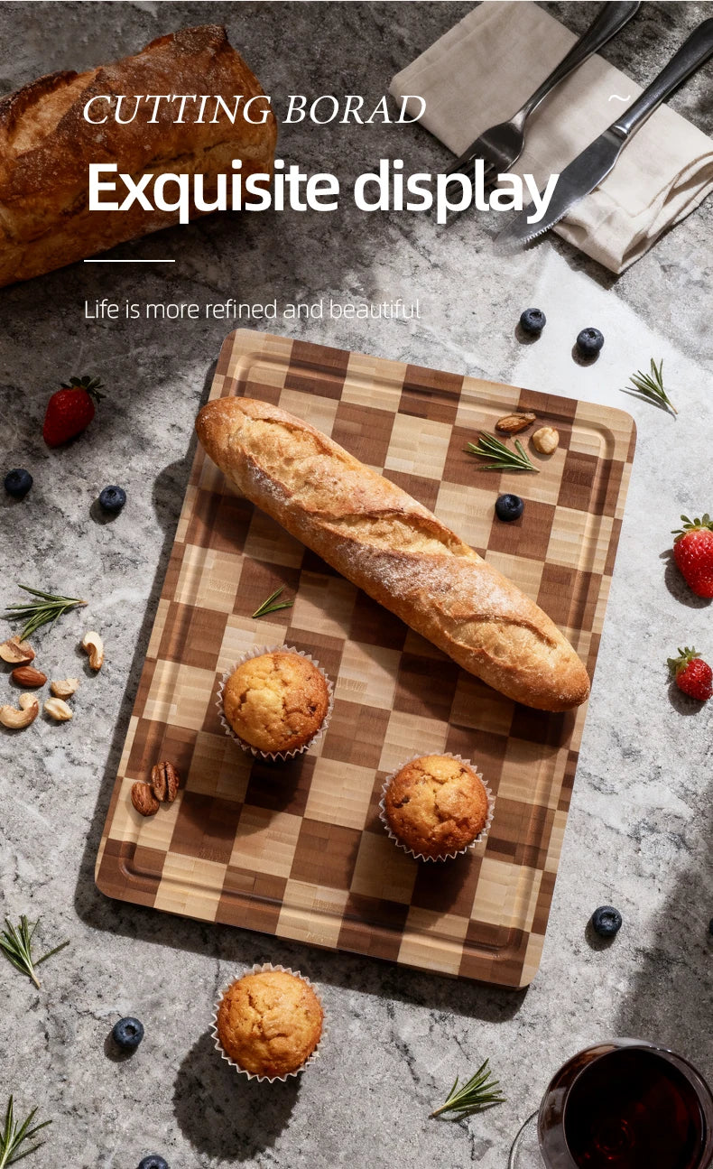 Bamboo Cutting Boards for Kitchen End Grain Wood Cutting Board with Juice Grooves & Handles Charcuterie Checkered Chopping Board