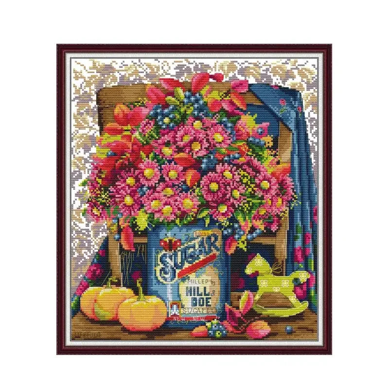 Joy Sunday Daisy Flower Basket Cross Stitch Kit DIY Floral Pattern 11CT 14CT Canvas Needlework Embroidery Set Bedroom Decoration