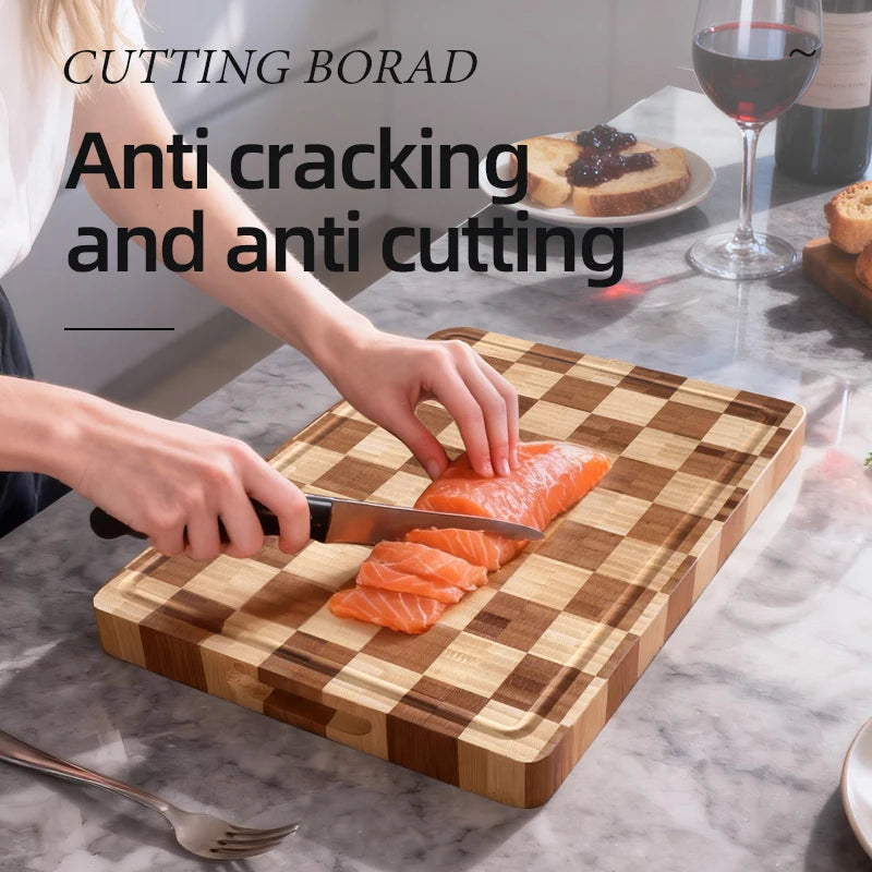 Bamboo Cutting Boards for Kitchen End Grain Wood Cutting Board with Juice Grooves & Handles Charcuterie Checkered Chopping Board