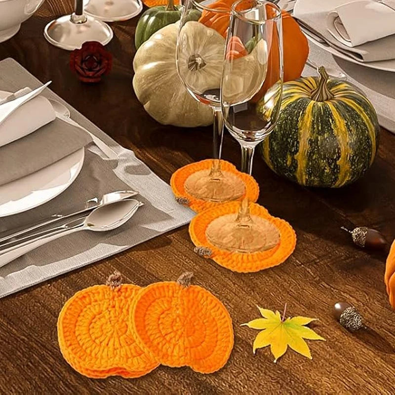 Halloween Crochet Pumpkin Coasters Autumn Thanksgiving Fabric Handmade Cup Mat Halloween Table Decor Fall Farmhouse Decoration