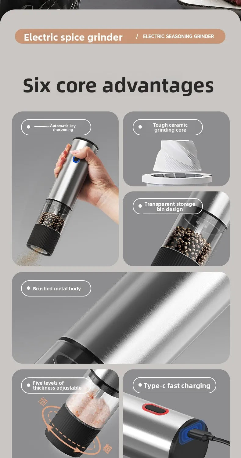 Electric Salt and Pepper Grinder Automatic Rechargeable Pepper Mill Shakers Adjustable Coarseness Kitchen Appliances