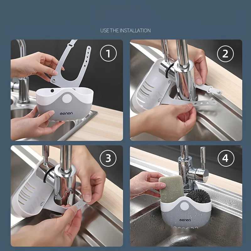 1PC Kitchen Faucet Storage Rack, Non Perforated Sink Sponge Drain Hanger, Sink Cloth Storage Basket