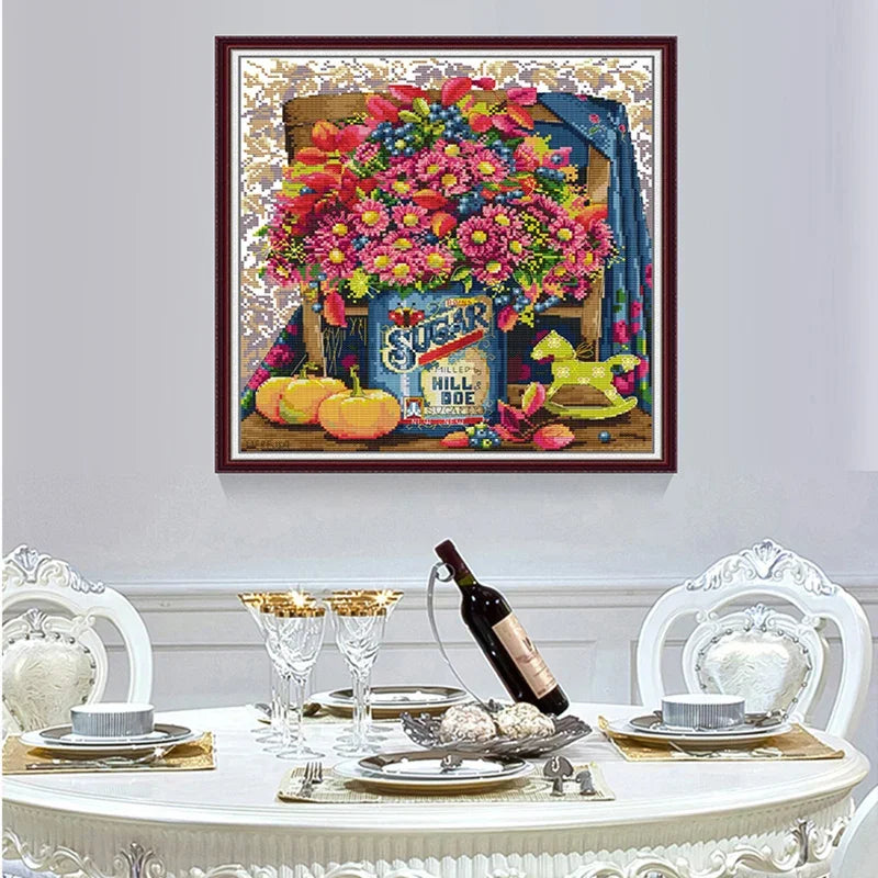 Joy Sunday Daisy Flower Basket Cross Stitch Kit DIY Floral Pattern 11CT 14CT Canvas Needlework Embroidery Set Bedroom Decoration
