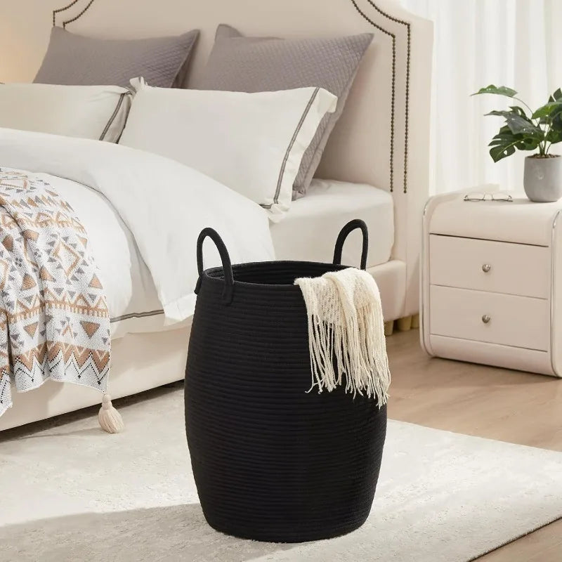 1pcs Bohemian Storage Basket Handwoven Cotton Rope Organizer for Bedroom & Bathroom - Decorative Storage Bin Toy Laundry Hamper