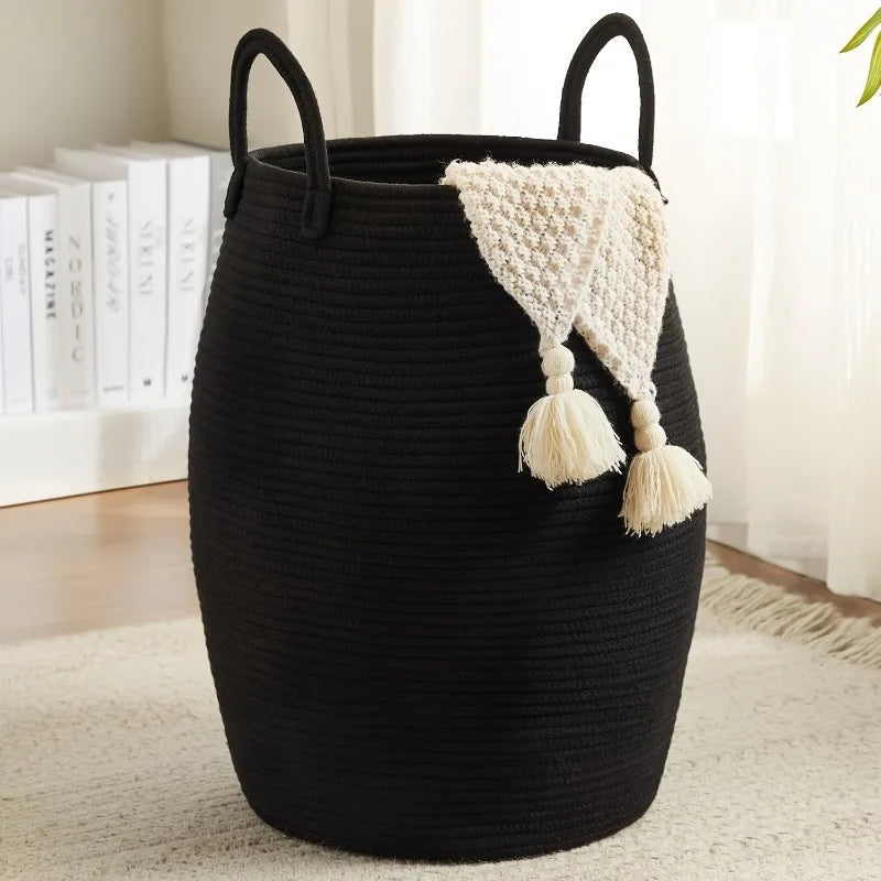 1pcs Bohemian Storage Basket Handwoven Cotton Rope Organizer for Bedroom & Bathroom - Decorative Storage Bin Toy Laundry Hamper