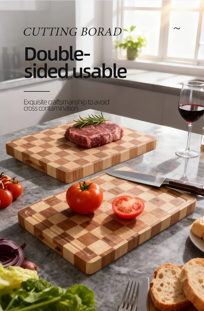 Bamboo Cutting Boards for Kitchen End Grain Wood Cutting Board with Juice Grooves & Handles Charcuterie Checkered Chopping Board