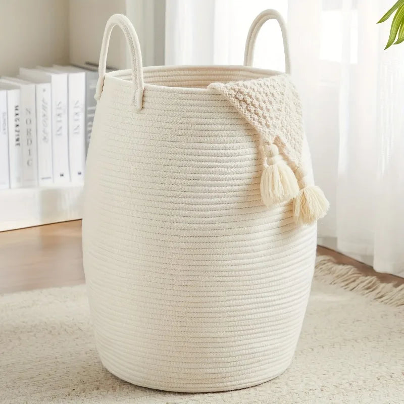 1pcs Bohemian Storage Basket Handwoven Cotton Rope Organizer for Bedroom & Bathroom - Decorative Storage Bin Toy Laundry Hamper