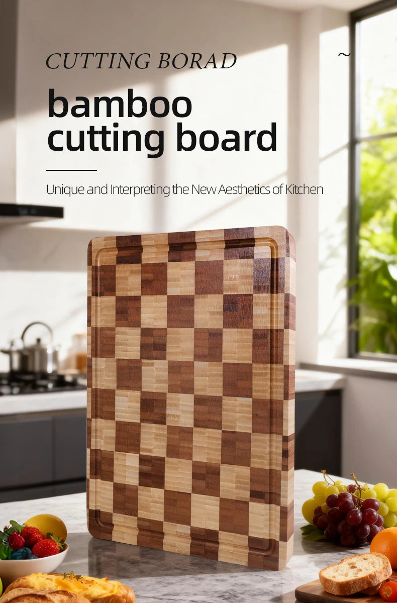 Bamboo Cutting Boards for Kitchen End Grain Wood Cutting Board with Juice Grooves & Handles Charcuterie Checkered Chopping Board