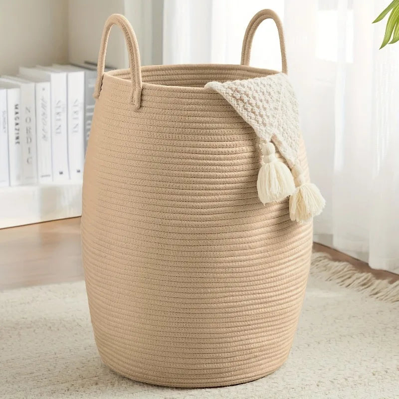 1pcs Bohemian Storage Basket Handwoven Cotton Rope Organizer for Bedroom & Bathroom - Decorative Storage Bin Toy Laundry Hamper